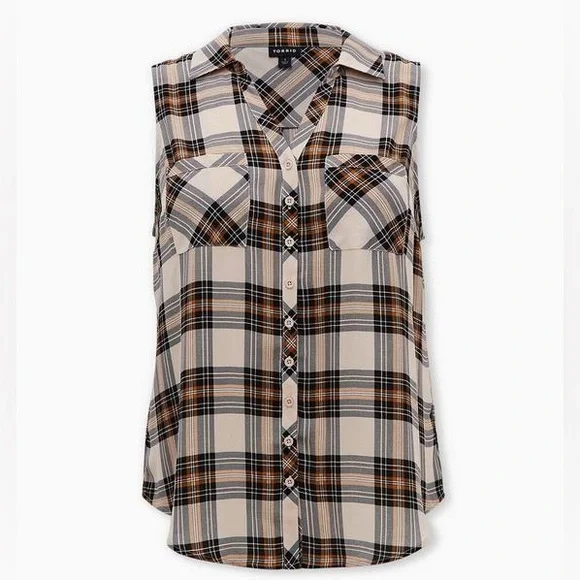 Torrid Size 1 X Madison Georgette Plaid Brown Button-Up Sleeveless Shirt - Picture 3 of 7
